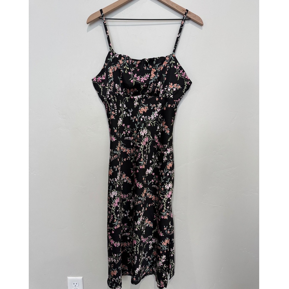 Inspired Hearts Black Floral Satin Midi Slip Dress Adjustable Straps Slit XL